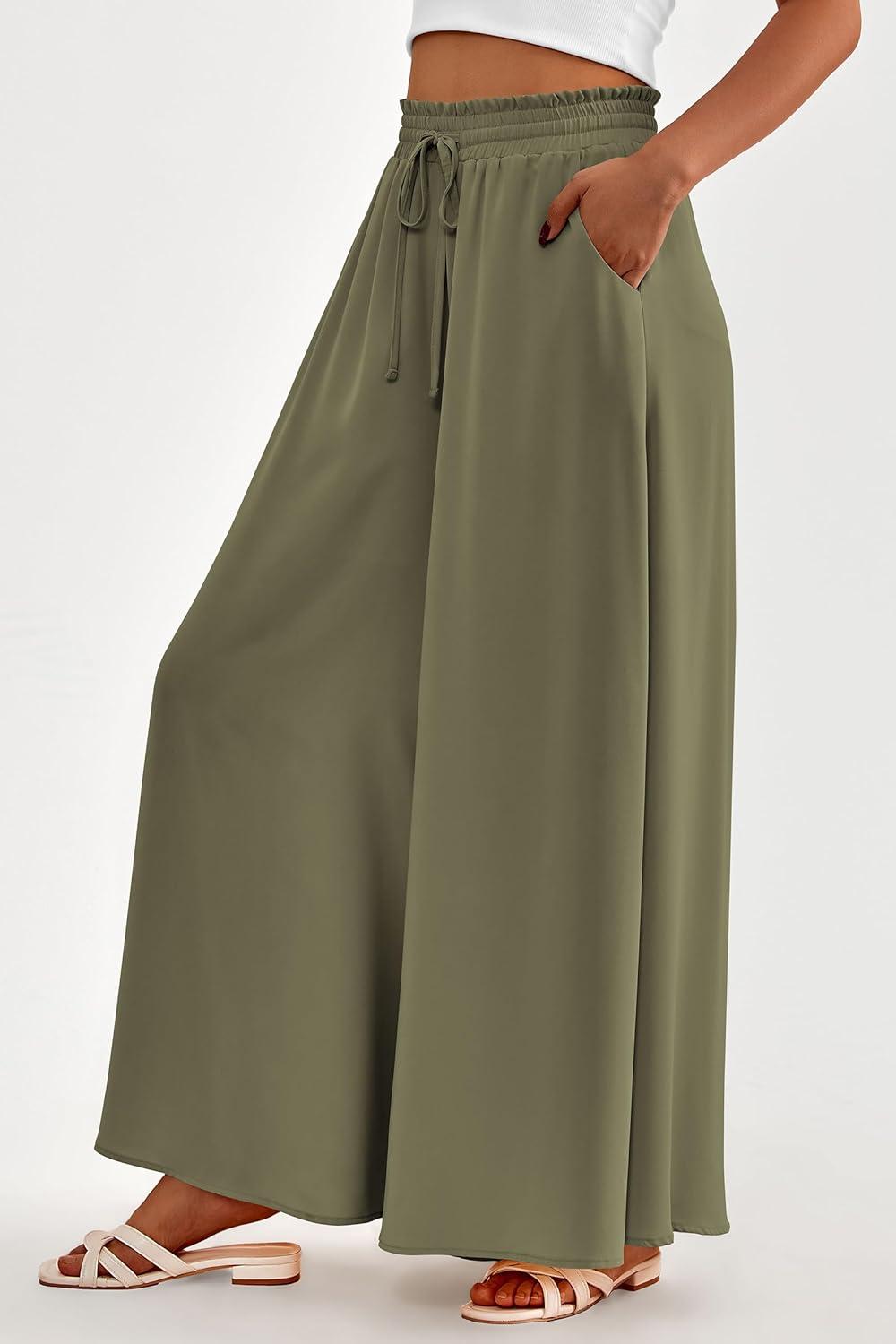 imagePRETTYGARDEN Womens 2026 Summer Wide Leg Palazzo Pants High Waisted Flowy Pockets Trendy Casual Lounge Boho Beach TrousersArmy Green