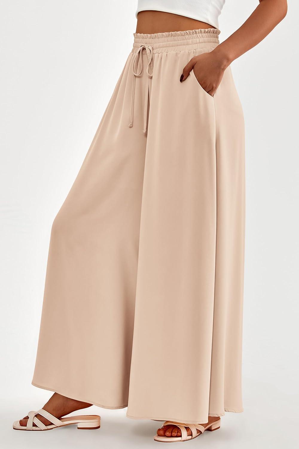 imagePRETTYGARDEN Womens 2026 Summer Wide Leg Palazzo Pants High Waisted Flowy Pockets Trendy Casual Lounge Boho Beach TrousersBeige