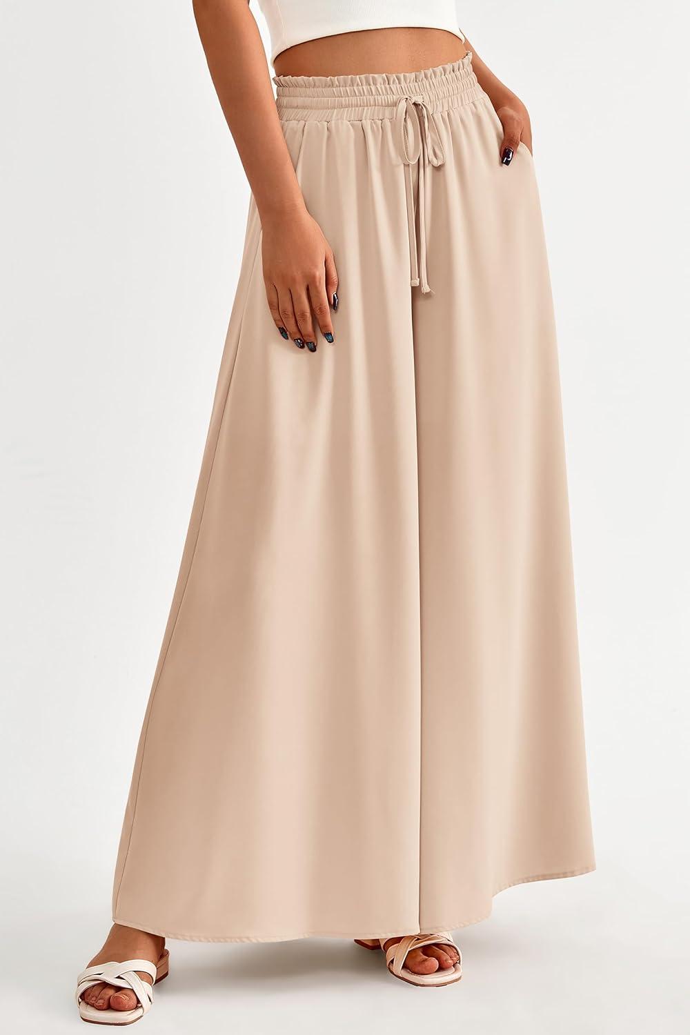 imagePRETTYGARDEN Womens 2026 Summer Wide Leg Palazzo Pants High Waisted Flowy Pockets Trendy Casual Lounge Boho Beach TrousersBeige