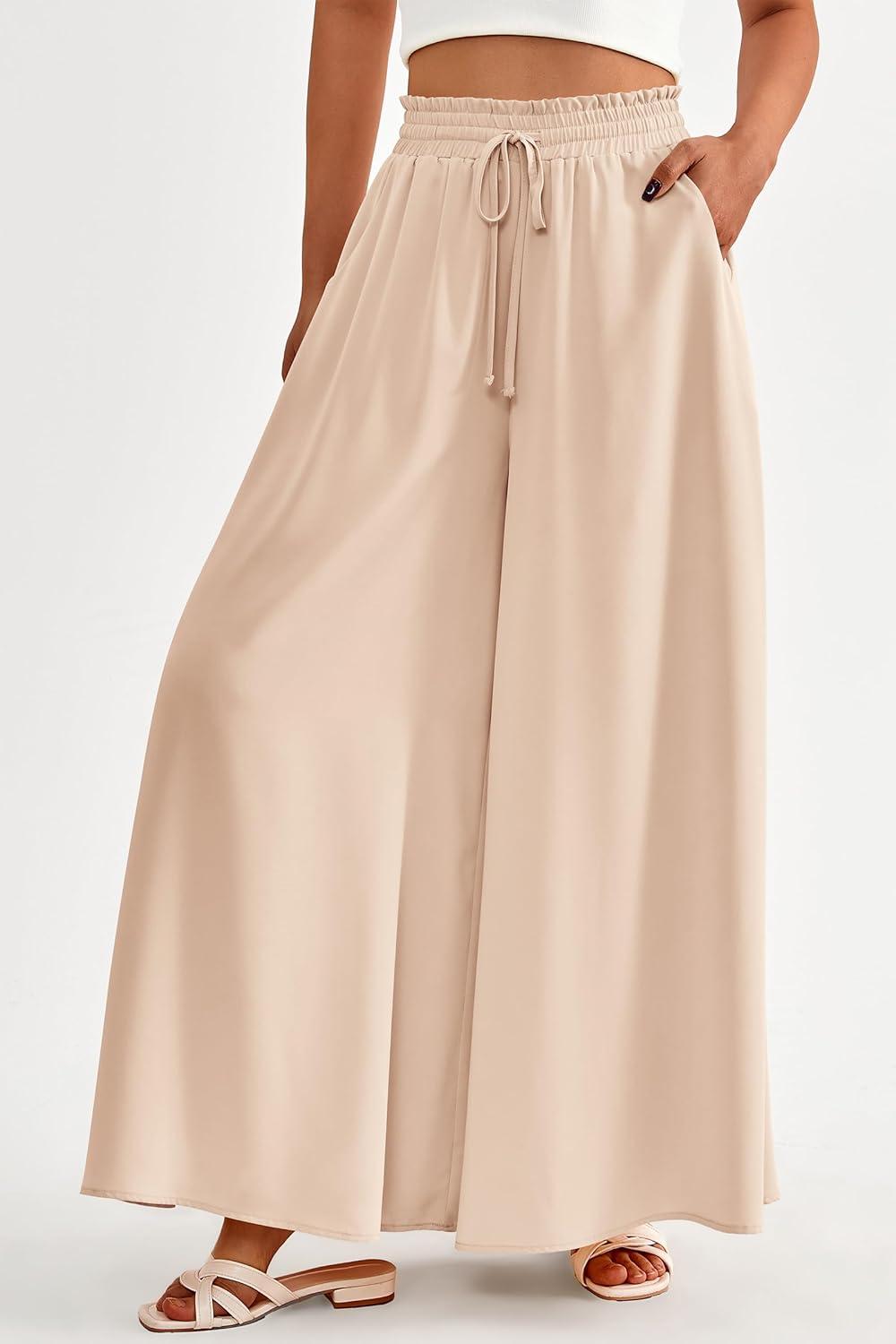 imagePRETTYGARDEN Womens 2026 Summer Wide Leg Palazzo Pants High Waisted Flowy Pockets Trendy Casual Lounge Boho Beach TrousersBeige