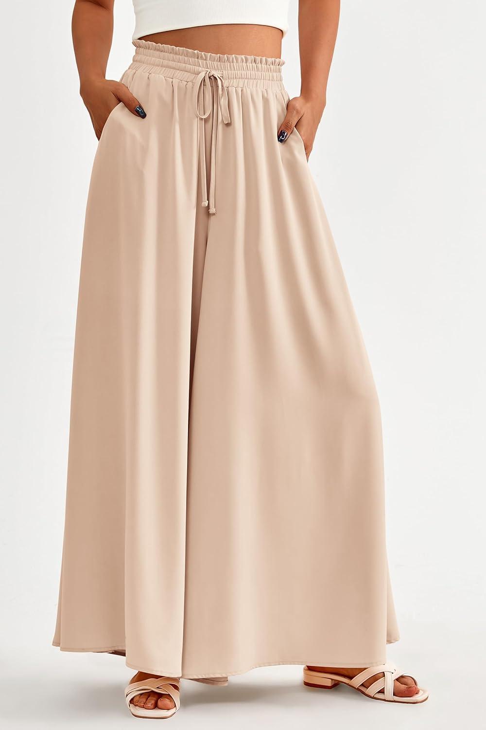 imagePRETTYGARDEN Womens 2026 Summer Wide Leg Palazzo Pants High Waisted Flowy Pockets Trendy Casual Lounge Boho Beach TrousersBeige
