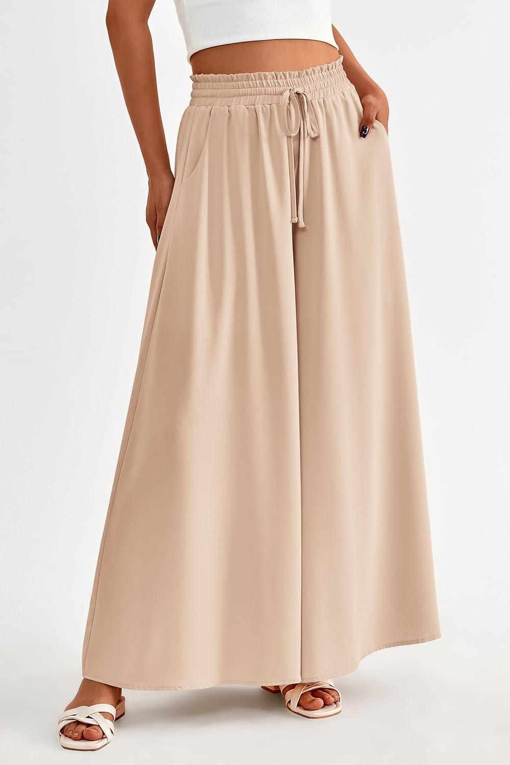 imagePRETTYGARDEN Womens 2026 Summer Wide Leg Palazzo Pants High Waisted Flowy Pockets Trendy Casual Lounge Boho Beach TrousersBeige