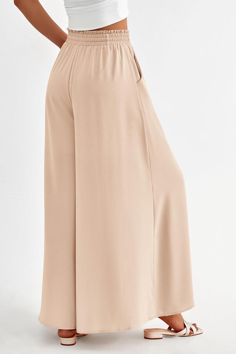imagePRETTYGARDEN Womens 2026 Summer Wide Leg Palazzo Pants High Waisted Flowy Pockets Trendy Casual Lounge Boho Beach TrousersBeige