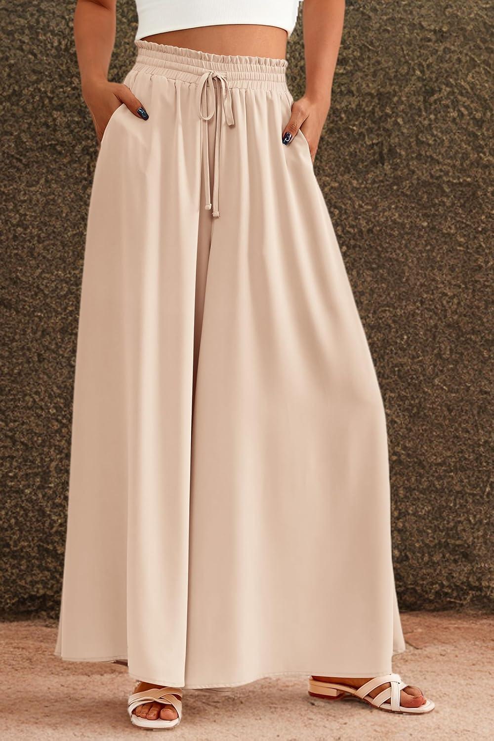 imagePRETTYGARDEN Womens 2026 Summer Wide Leg Palazzo Pants High Waisted Flowy Pockets Trendy Casual Lounge Boho Beach TrousersBeige