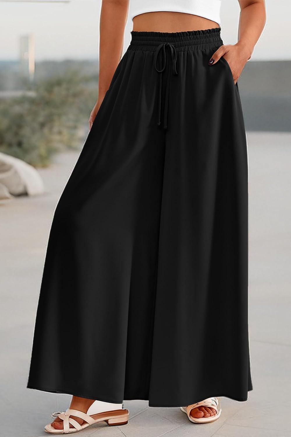 imagePRETTYGARDEN Womens 2026 Summer Wide Leg Palazzo Pants High Waisted Flowy Pockets Trendy Casual Lounge Boho Beach TrousersBlack
