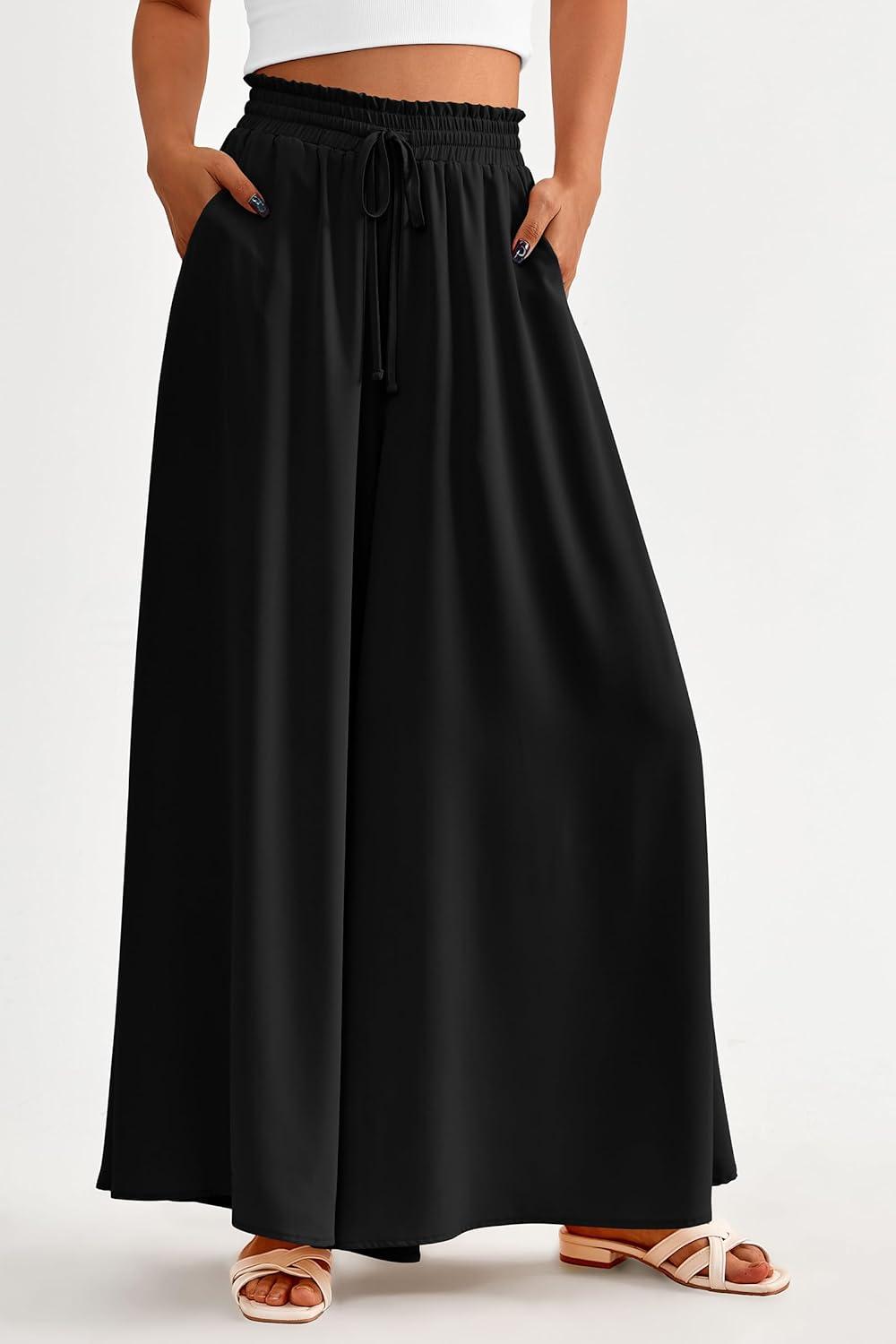 imagePRETTYGARDEN Womens 2026 Summer Wide Leg Palazzo Pants High Waisted Flowy Pockets Trendy Casual Lounge Boho Beach TrousersBlack