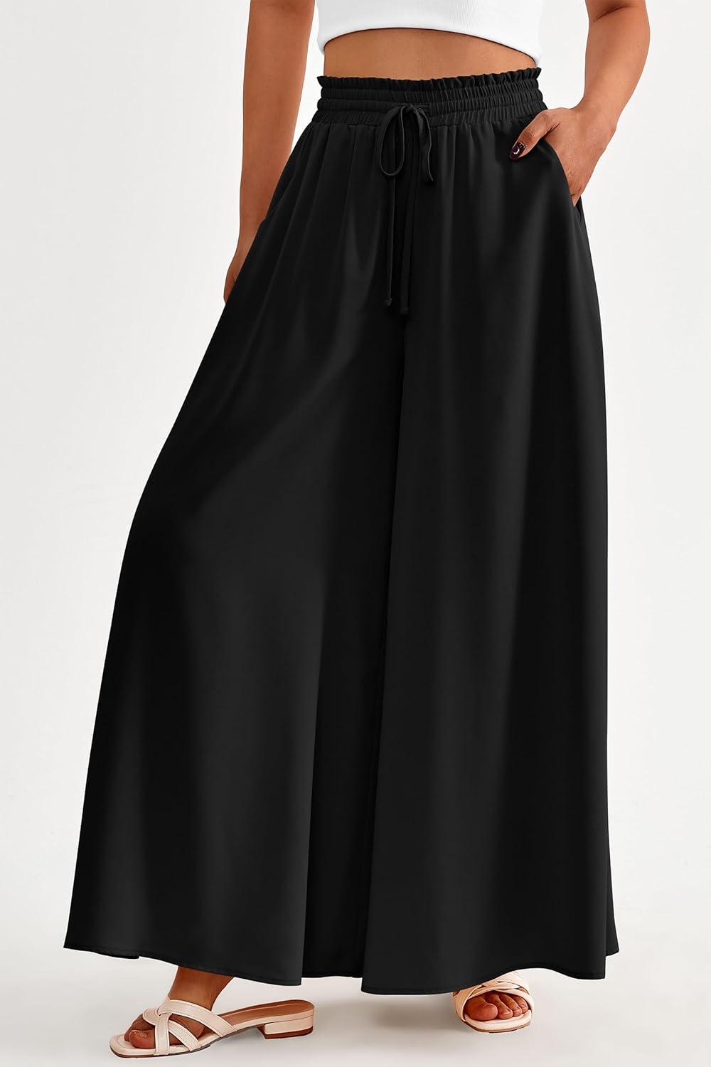 imagePRETTYGARDEN Womens 2026 Summer Wide Leg Palazzo Pants High Waisted Flowy Pockets Trendy Casual Lounge Boho Beach TrousersBlack