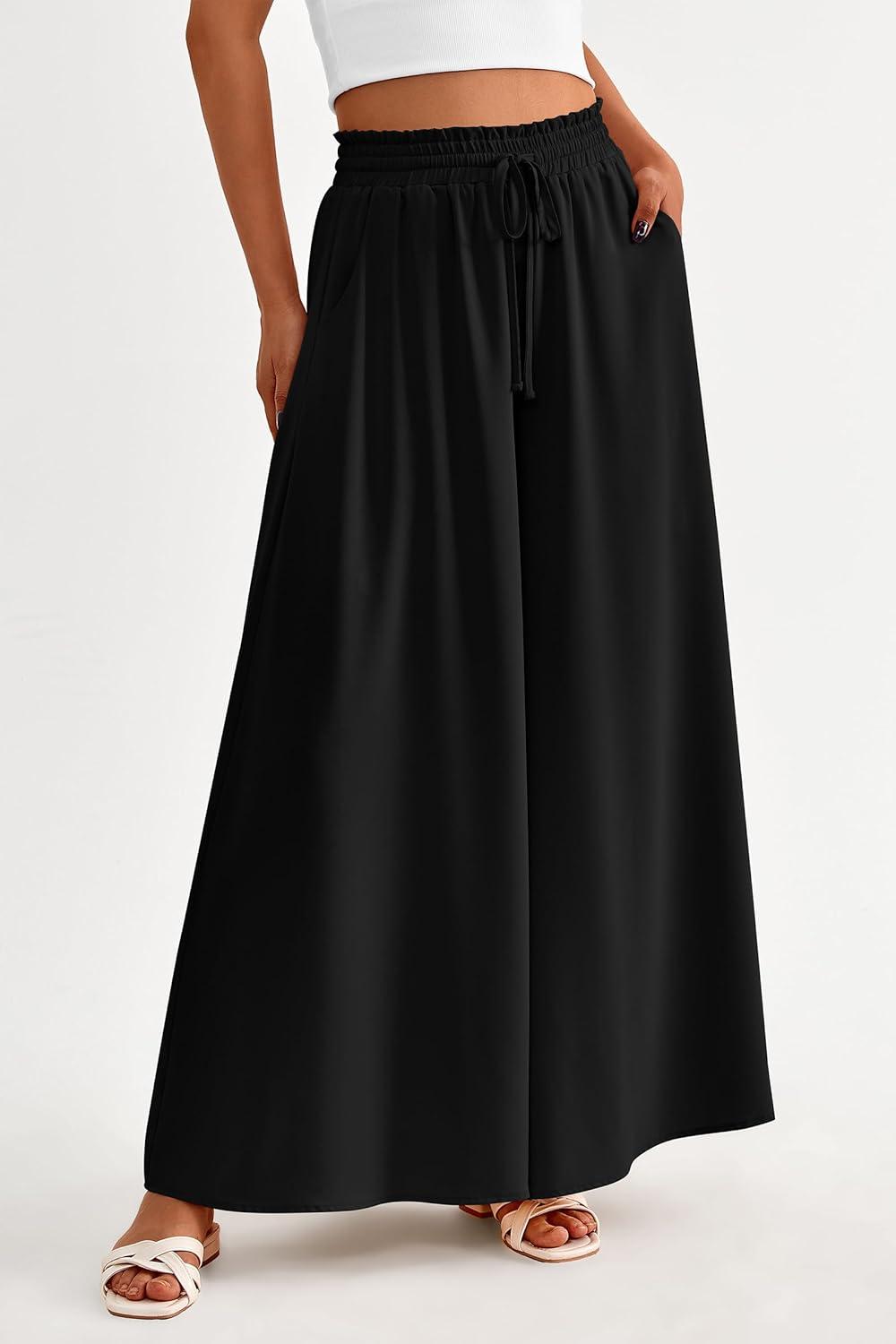 imagePRETTYGARDEN Womens 2026 Summer Wide Leg Palazzo Pants High Waisted Flowy Pockets Trendy Casual Lounge Boho Beach TrousersBlack