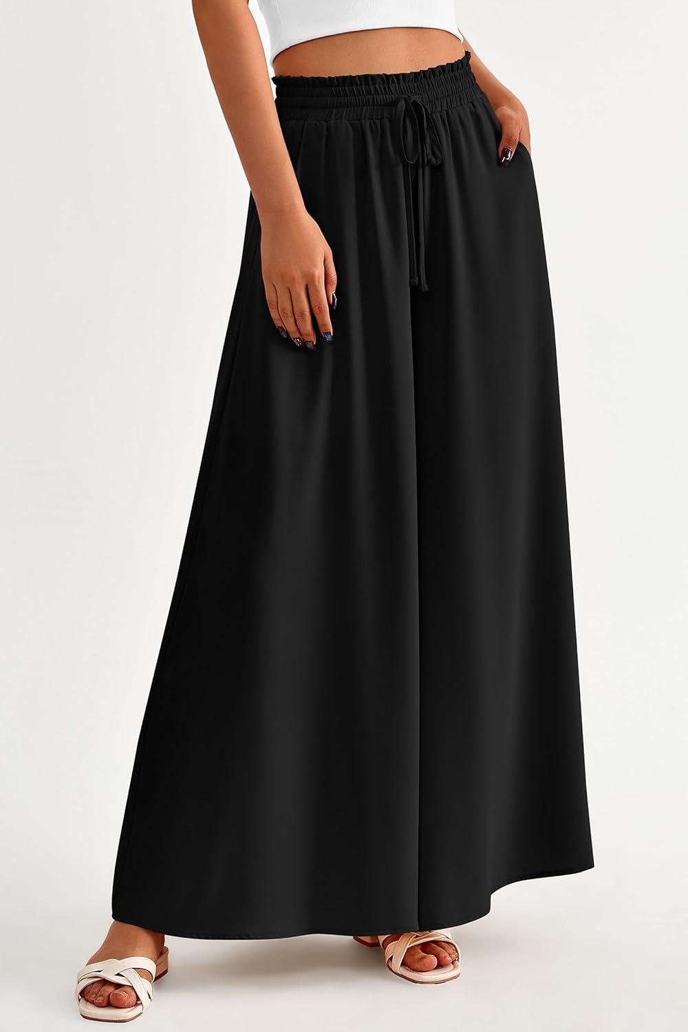 imagePRETTYGARDEN Womens 2026 Summer Wide Leg Palazzo Pants High Waisted Flowy Pockets Trendy Casual Lounge Boho Beach TrousersBlack