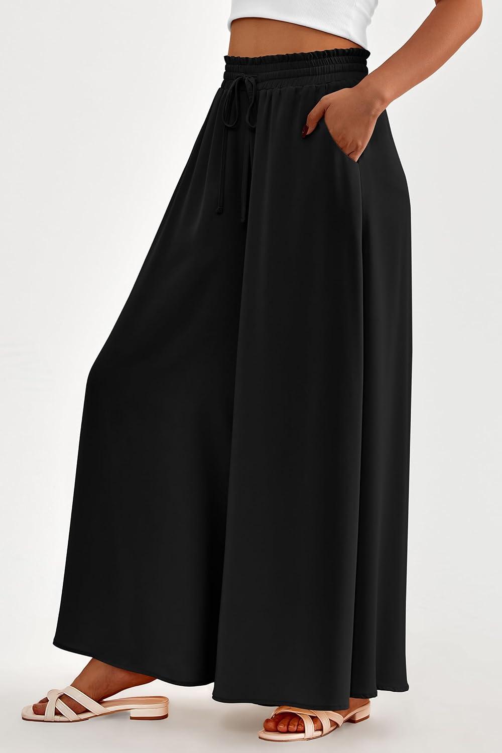 imagePRETTYGARDEN Womens 2026 Summer Wide Leg Palazzo Pants High Waisted Flowy Pockets Trendy Casual Lounge Boho Beach TrousersBlack