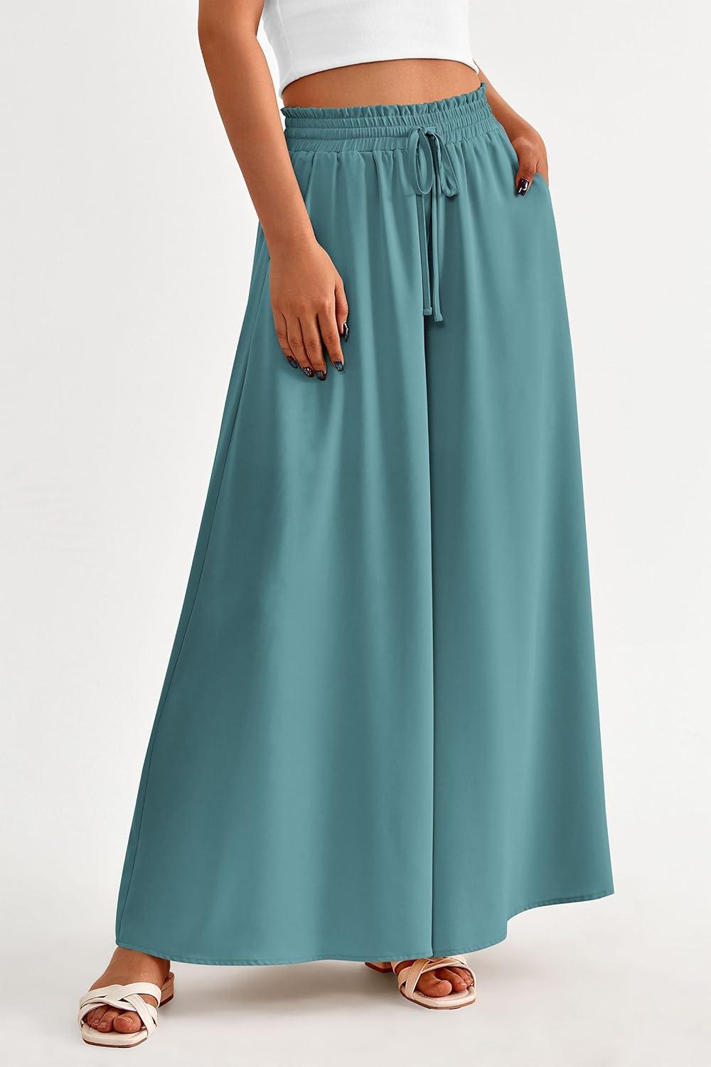 imagePRETTYGARDEN Womens 2026 Summer Wide Leg Palazzo Pants High Waisted Flowy Pockets Trendy Casual Lounge Boho Beach TrousersBlue Green