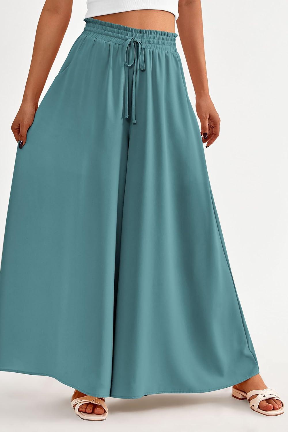 imagePRETTYGARDEN Womens 2026 Summer Wide Leg Palazzo Pants High Waisted Flowy Pockets Trendy Casual Lounge Boho Beach TrousersBlue Green