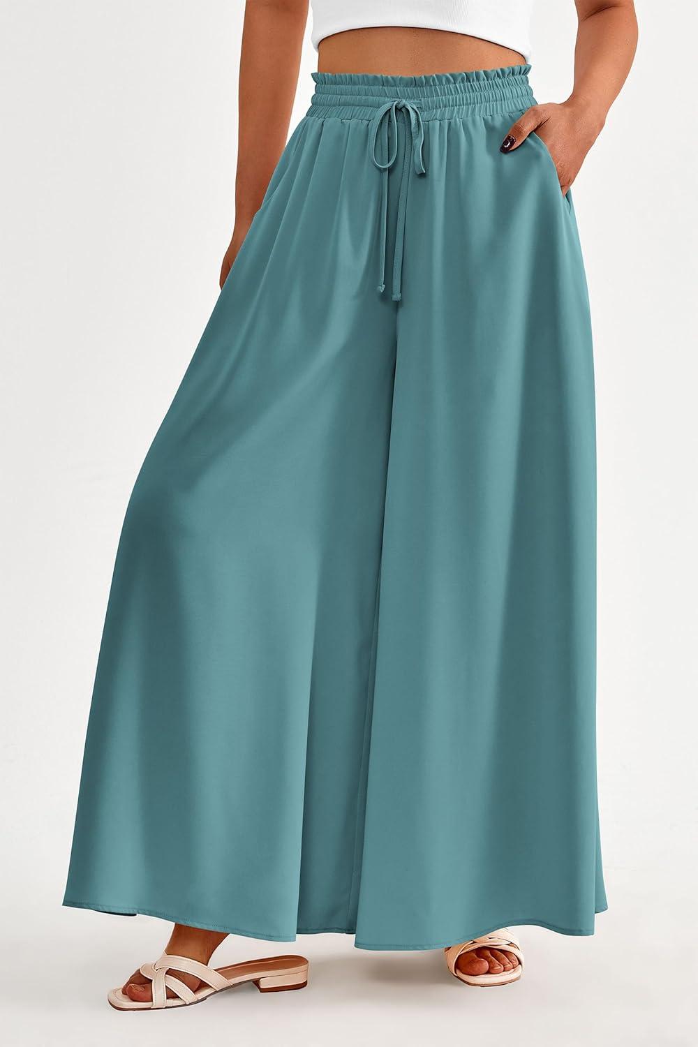 imagePRETTYGARDEN Womens 2026 Summer Wide Leg Palazzo Pants High Waisted Flowy Pockets Trendy Casual Lounge Boho Beach TrousersBlue Green