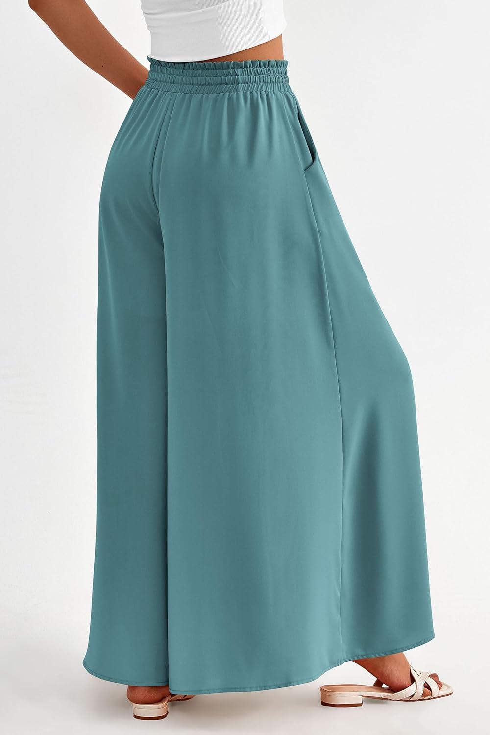 imagePRETTYGARDEN Womens 2026 Summer Wide Leg Palazzo Pants High Waisted Flowy Pockets Trendy Casual Lounge Boho Beach TrousersBlue Green