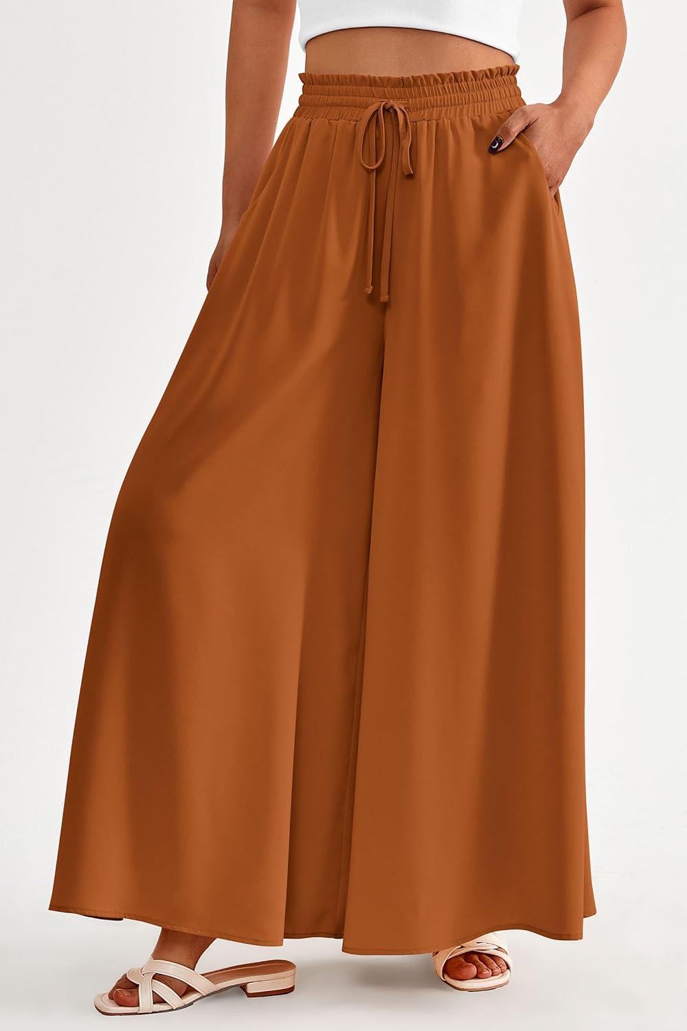 imagePRETTYGARDEN Womens 2026 Summer Wide Leg Palazzo Pants High Waisted Flowy Pockets Trendy Casual Lounge Boho Beach TrousersBrown
