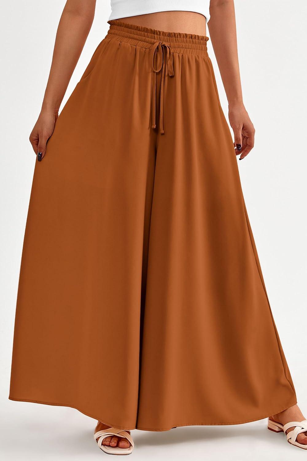 imagePRETTYGARDEN Womens 2026 Summer Wide Leg Palazzo Pants High Waisted Flowy Pockets Trendy Casual Lounge Boho Beach TrousersBrown