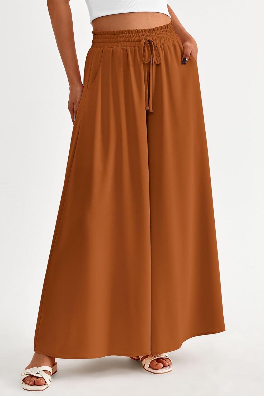 imagePRETTYGARDEN Womens 2026 Summer Wide Leg Palazzo Pants High Waisted Flowy Pockets Trendy Casual Lounge Boho Beach TrousersBrown