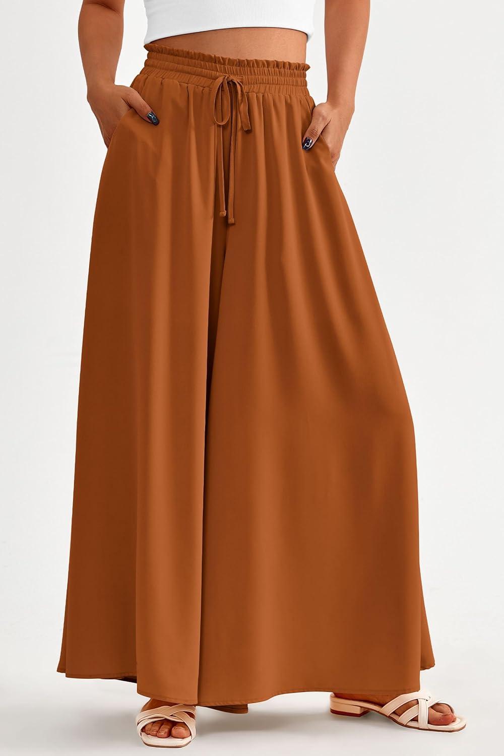 imagePRETTYGARDEN Womens 2026 Summer Wide Leg Palazzo Pants High Waisted Flowy Pockets Trendy Casual Lounge Boho Beach TrousersBrown