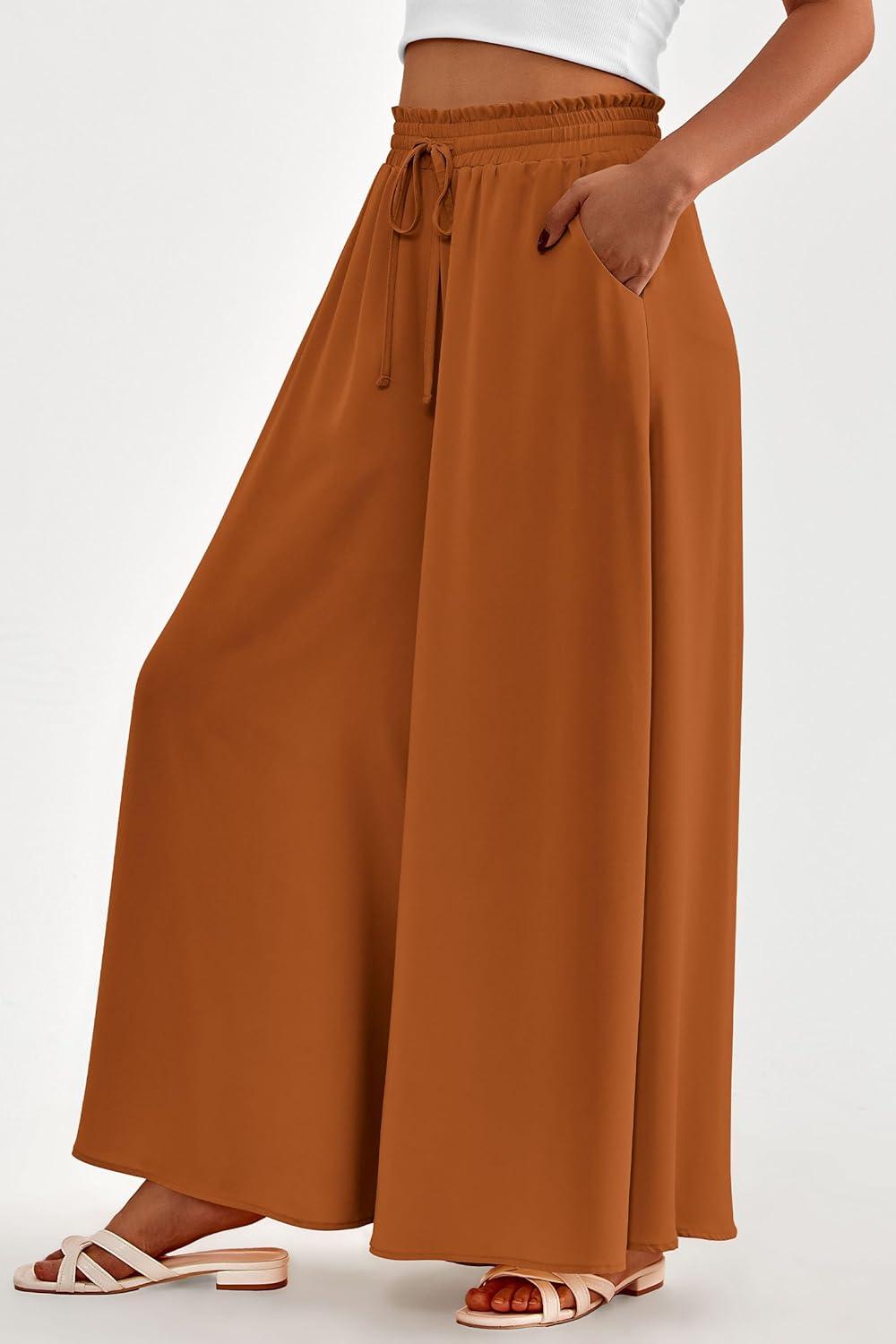 imagePRETTYGARDEN Womens 2026 Summer Wide Leg Palazzo Pants High Waisted Flowy Pockets Trendy Casual Lounge Boho Beach TrousersBrown