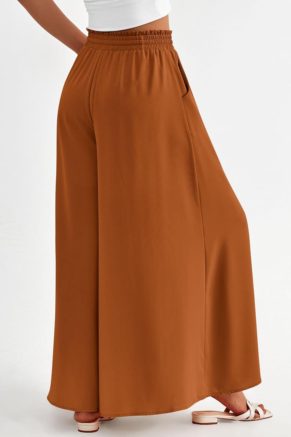 imagePRETTYGARDEN Womens 2026 Summer Wide Leg Palazzo Pants High Waisted Flowy Pockets Trendy Casual Lounge Boho Beach TrousersBrown