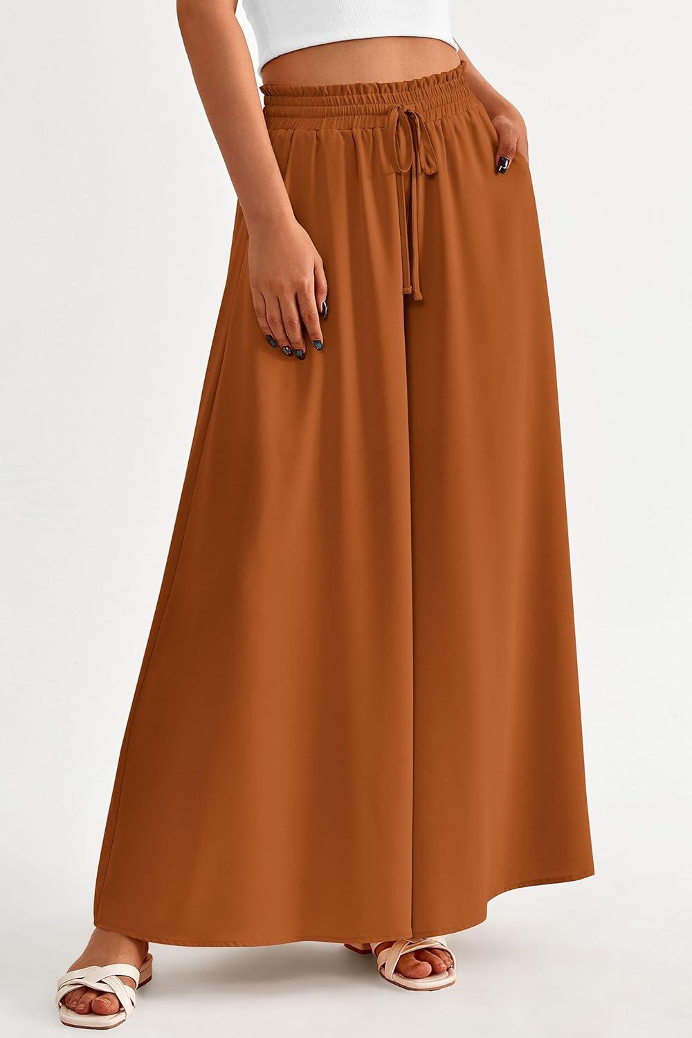 imagePRETTYGARDEN Womens 2026 Summer Wide Leg Palazzo Pants High Waisted Flowy Pockets Trendy Casual Lounge Boho Beach TrousersBrown