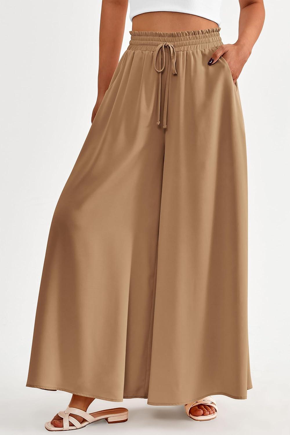 imagePRETTYGARDEN Womens 2026 Summer Wide Leg Palazzo Pants High Waisted Flowy Pockets Trendy Casual Lounge Boho Beach TrousersKhaki