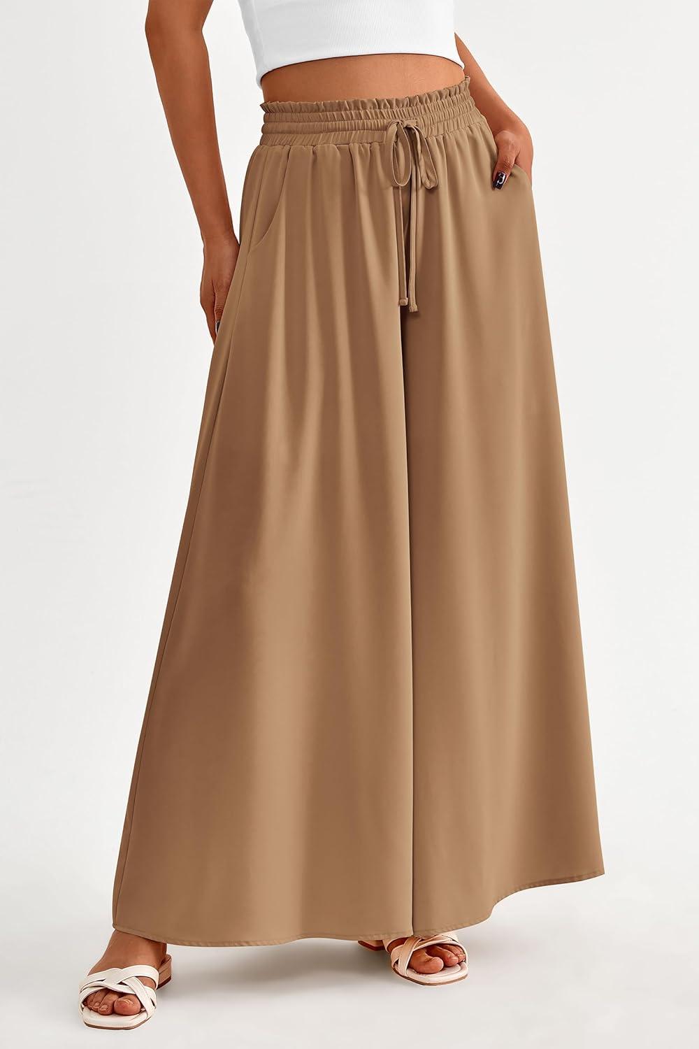 imagePRETTYGARDEN Womens 2026 Summer Wide Leg Palazzo Pants High Waisted Flowy Pockets Trendy Casual Lounge Boho Beach TrousersKhaki