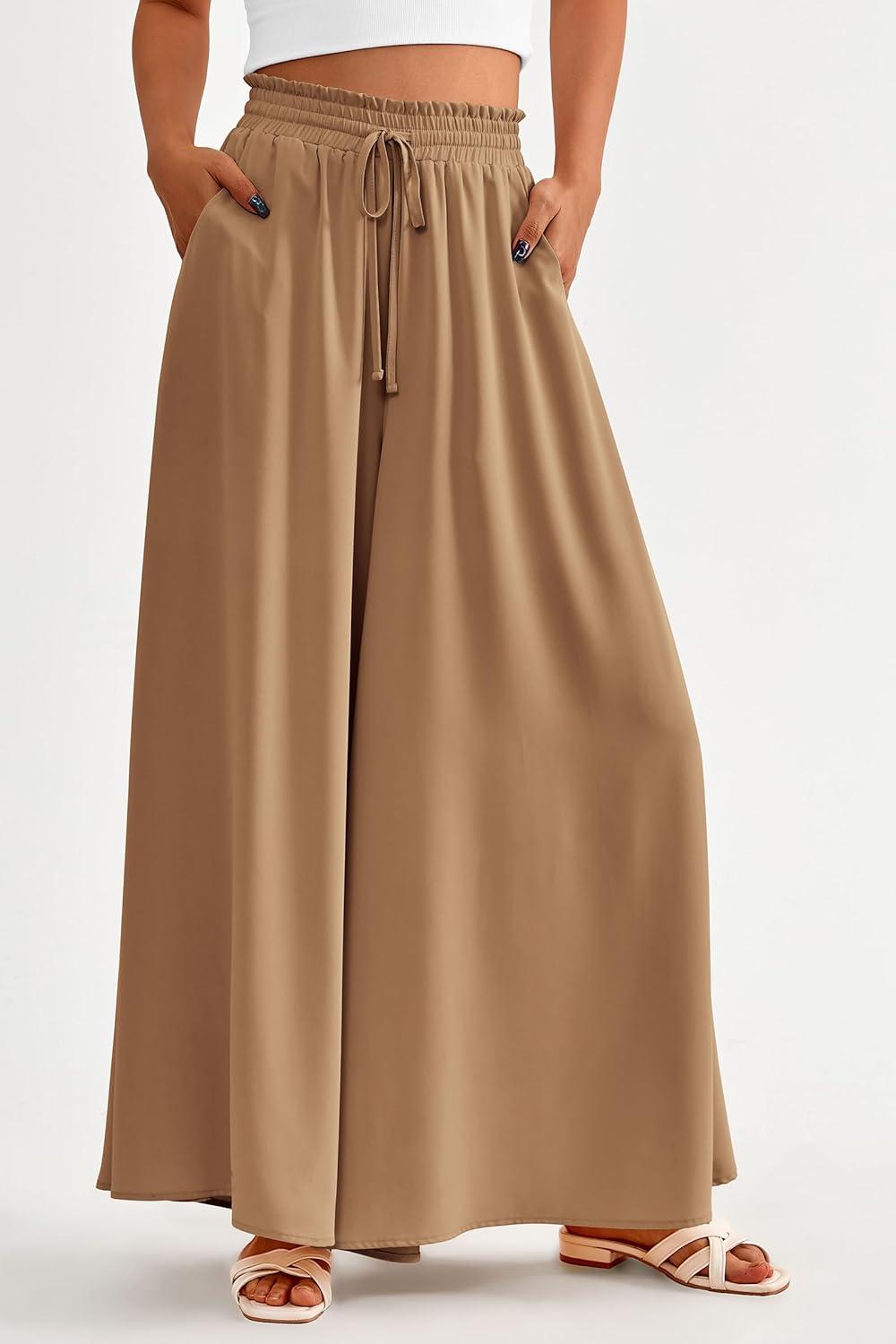 imagePRETTYGARDEN Womens 2026 Summer Wide Leg Palazzo Pants High Waisted Flowy Pockets Trendy Casual Lounge Boho Beach TrousersKhaki