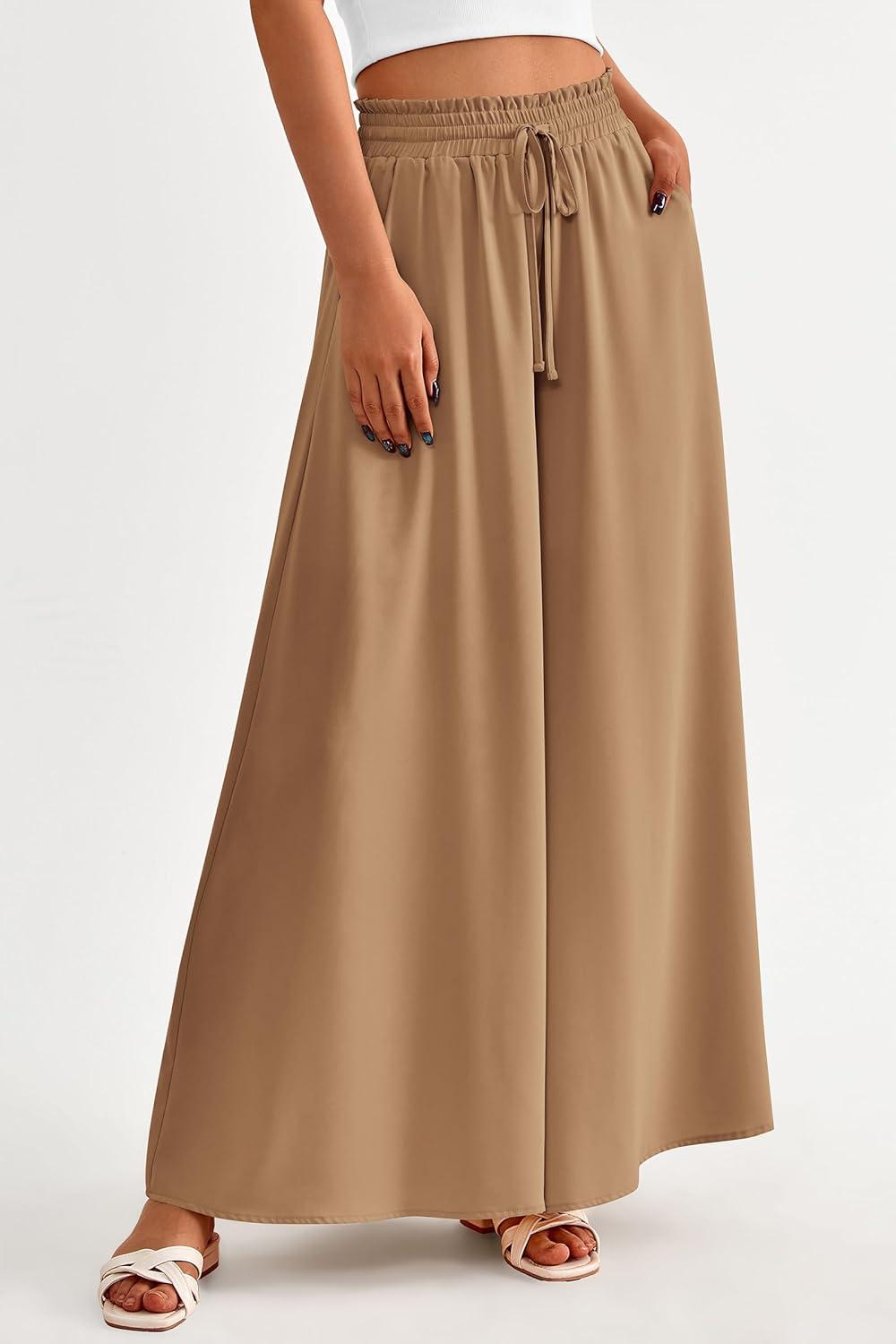 imagePRETTYGARDEN Womens 2026 Summer Wide Leg Palazzo Pants High Waisted Flowy Pockets Trendy Casual Lounge Boho Beach TrousersKhaki