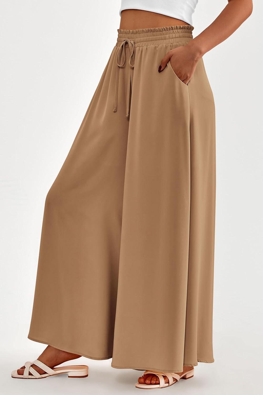 imagePRETTYGARDEN Womens 2026 Summer Wide Leg Palazzo Pants High Waisted Flowy Pockets Trendy Casual Lounge Boho Beach TrousersKhaki