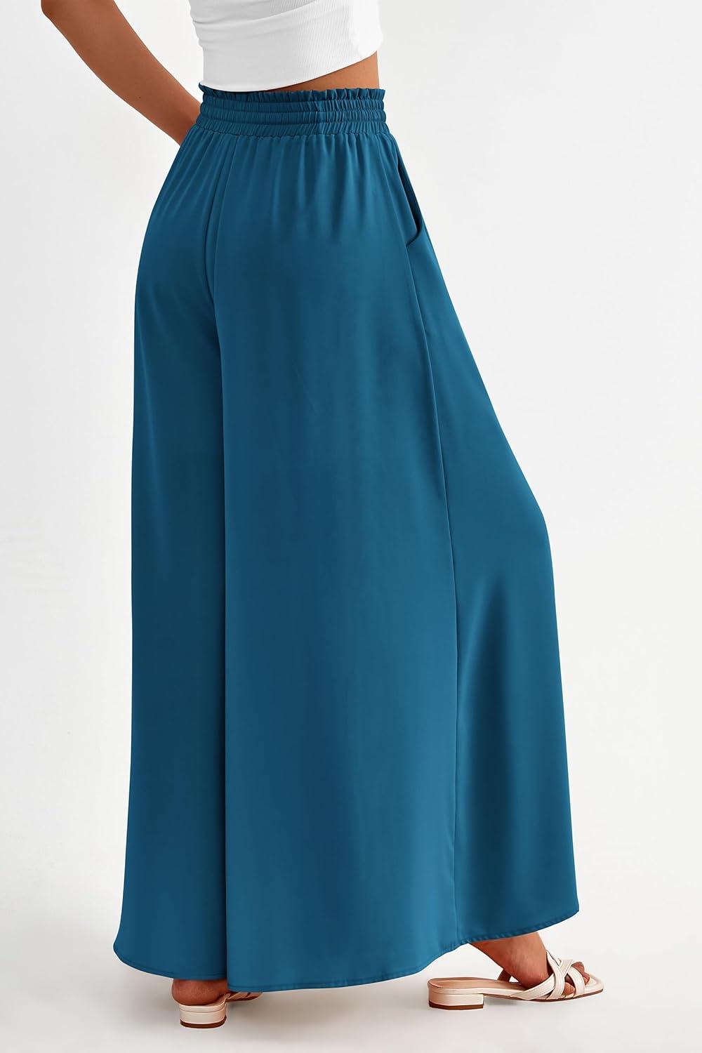imagePRETTYGARDEN Womens 2026 Summer Wide Leg Palazzo Pants High Waisted Flowy Pockets Trendy Casual Lounge Boho Beach TrousersLake Blue