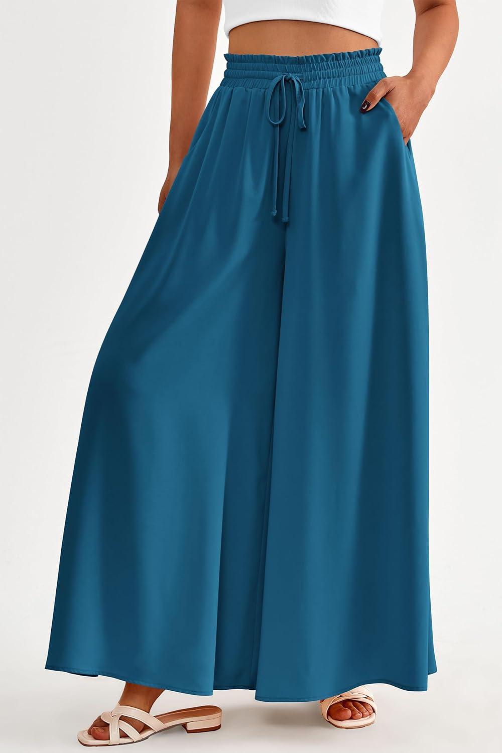 imagePRETTYGARDEN Womens 2026 Summer Wide Leg Palazzo Pants High Waisted Flowy Pockets Trendy Casual Lounge Boho Beach TrousersLake Blue