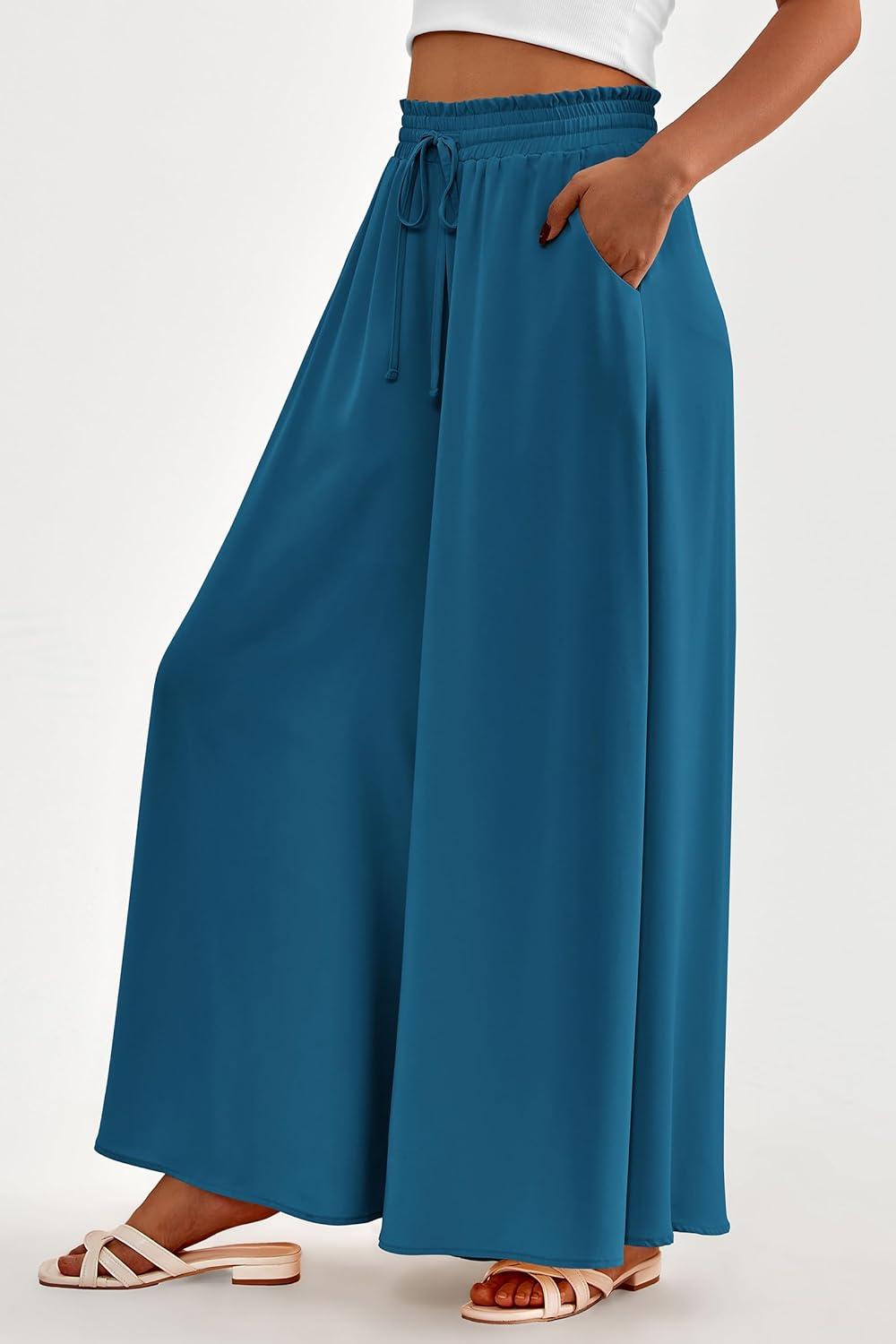 imagePRETTYGARDEN Womens 2026 Summer Wide Leg Palazzo Pants High Waisted Flowy Pockets Trendy Casual Lounge Boho Beach TrousersLake Blue