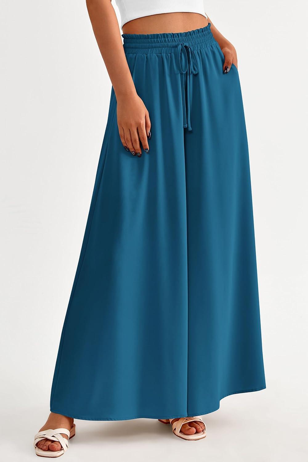 imagePRETTYGARDEN Womens 2026 Summer Wide Leg Palazzo Pants High Waisted Flowy Pockets Trendy Casual Lounge Boho Beach TrousersLake Blue