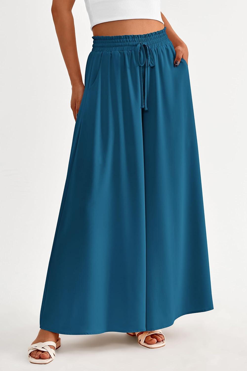 imagePRETTYGARDEN Womens 2026 Summer Wide Leg Palazzo Pants High Waisted Flowy Pockets Trendy Casual Lounge Boho Beach TrousersLake Blue