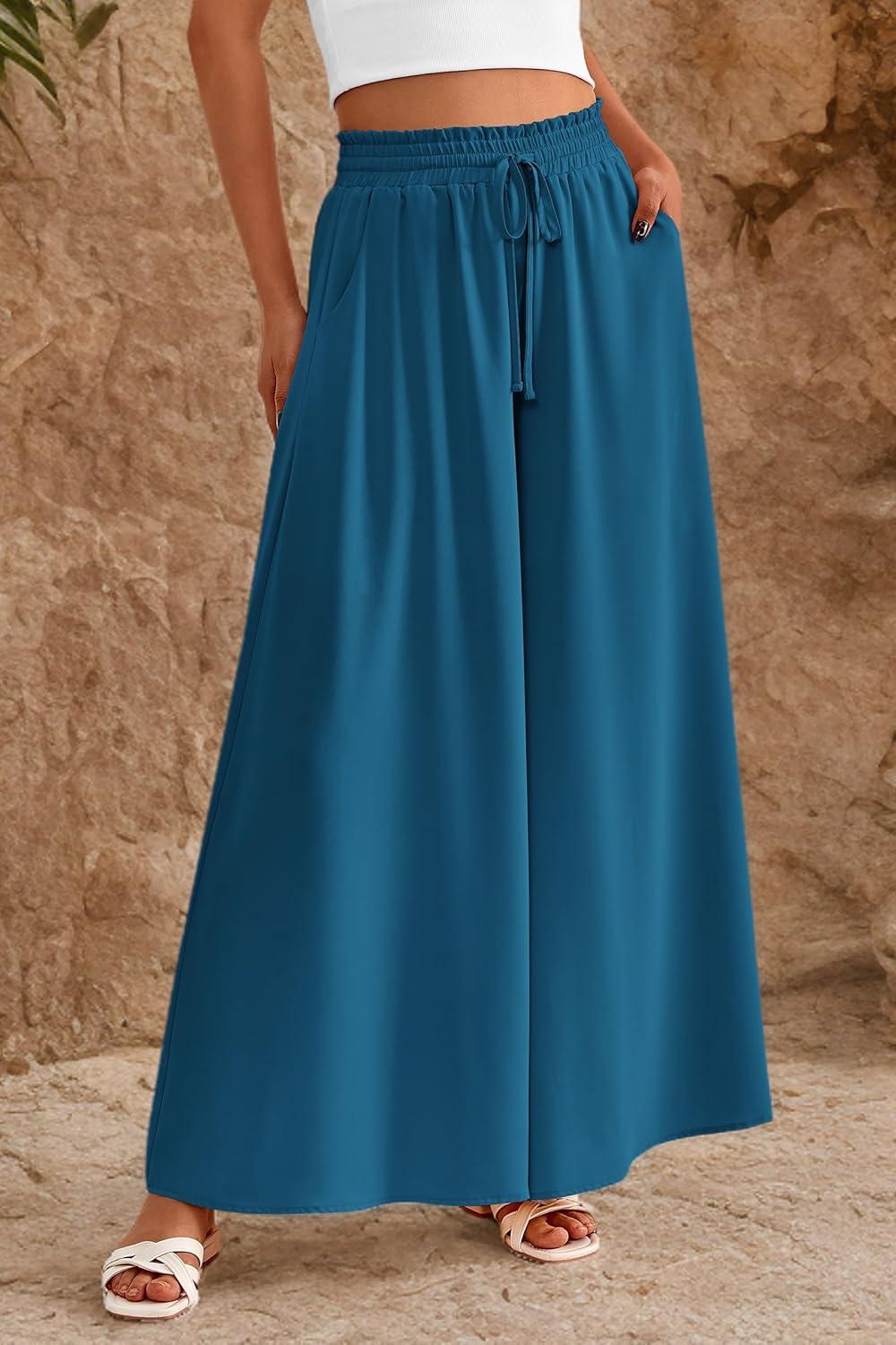 imagePRETTYGARDEN Womens 2026 Summer Wide Leg Palazzo Pants High Waisted Flowy Pockets Trendy Casual Lounge Boho Beach TrousersLake Blue