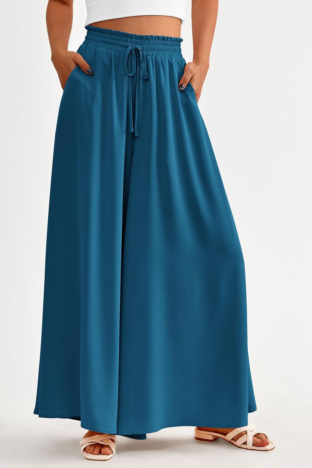 imagePRETTYGARDEN Womens 2026 Summer Wide Leg Palazzo Pants High Waisted Flowy Pockets Trendy Casual Lounge Boho Beach TrousersLake Blue