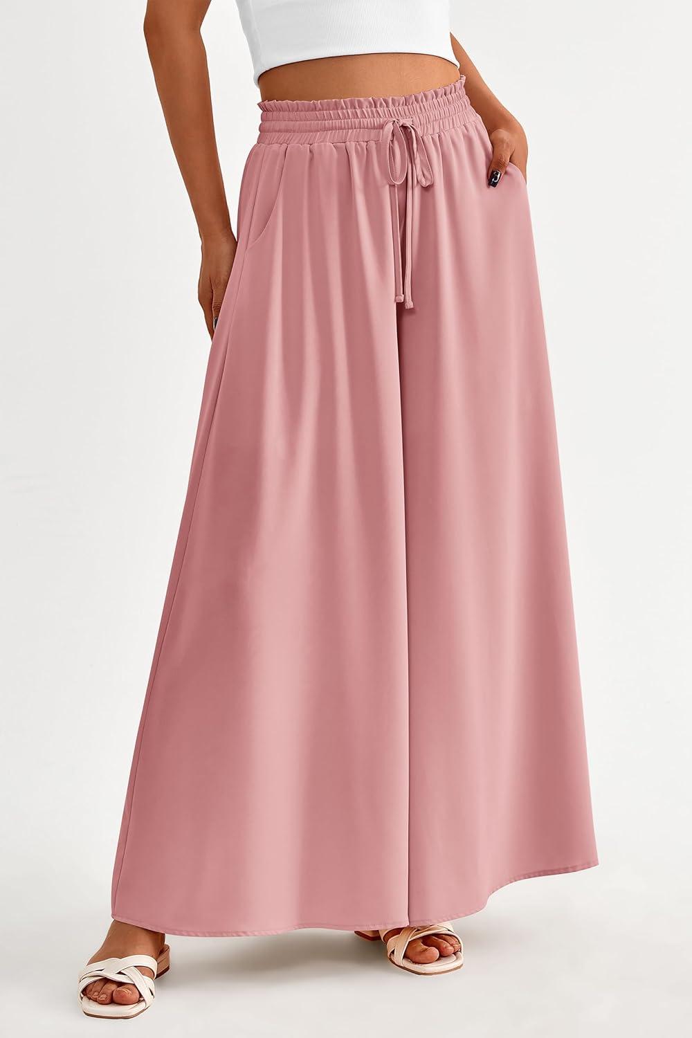 imagePRETTYGARDEN Womens 2026 Summer Wide Leg Palazzo Pants High Waisted Flowy Pockets Trendy Casual Lounge Boho Beach TrousersPink