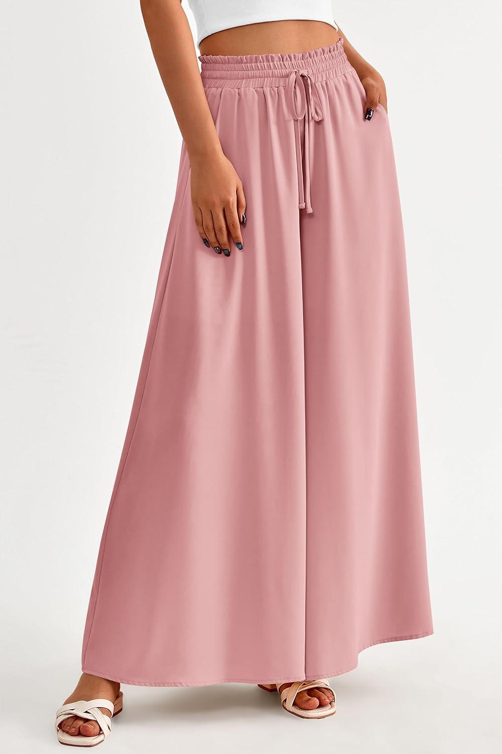 imagePRETTYGARDEN Womens 2026 Summer Wide Leg Palazzo Pants High Waisted Flowy Pockets Trendy Casual Lounge Boho Beach TrousersPink