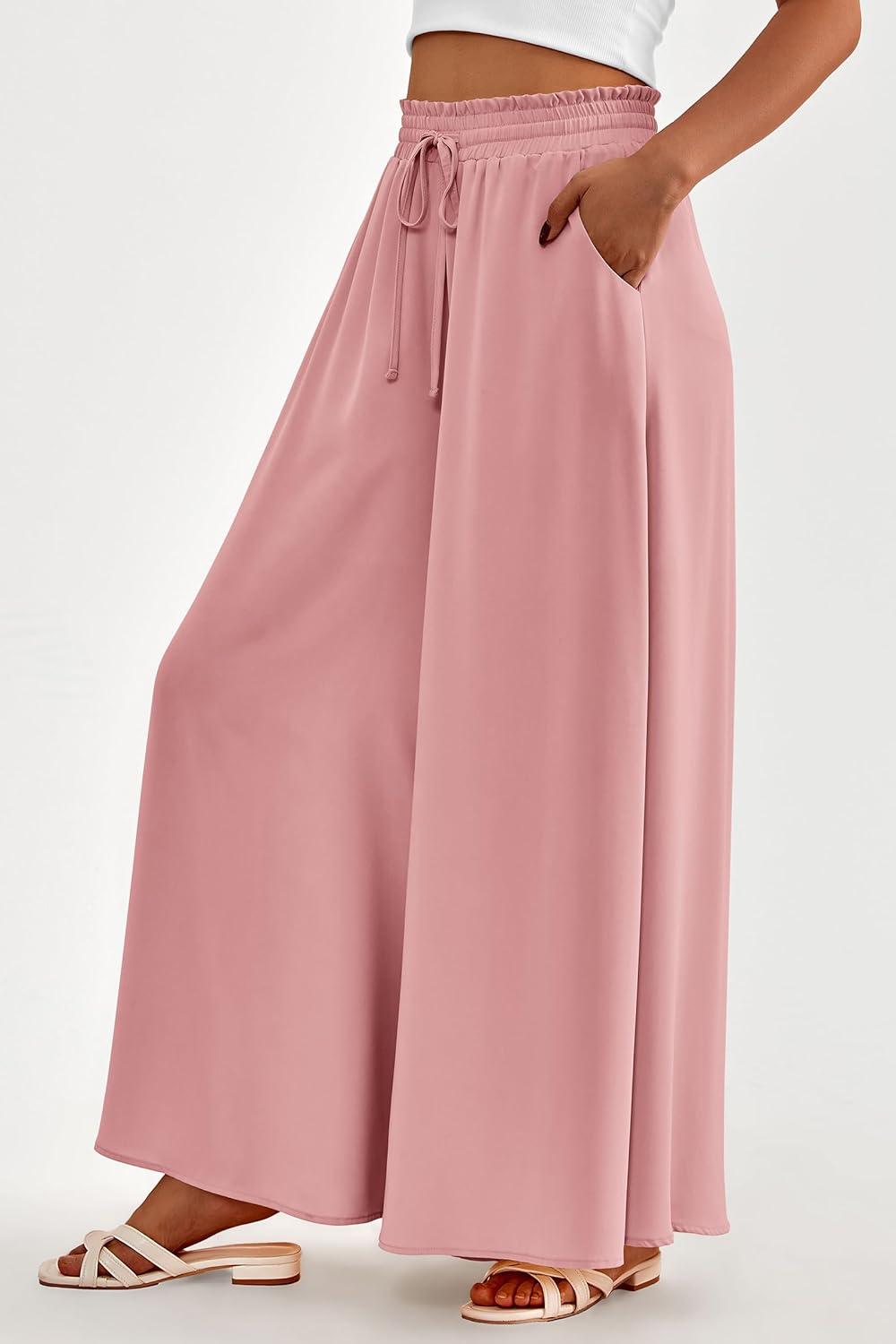 imagePRETTYGARDEN Womens 2026 Summer Wide Leg Palazzo Pants High Waisted Flowy Pockets Trendy Casual Lounge Boho Beach TrousersPink