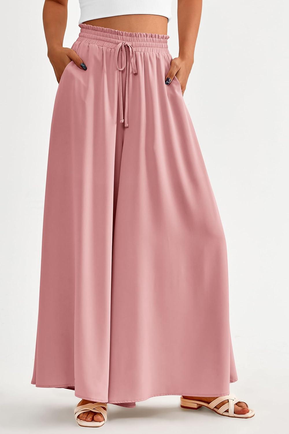 imagePRETTYGARDEN Womens 2026 Summer Wide Leg Palazzo Pants High Waisted Flowy Pockets Trendy Casual Lounge Boho Beach TrousersPink