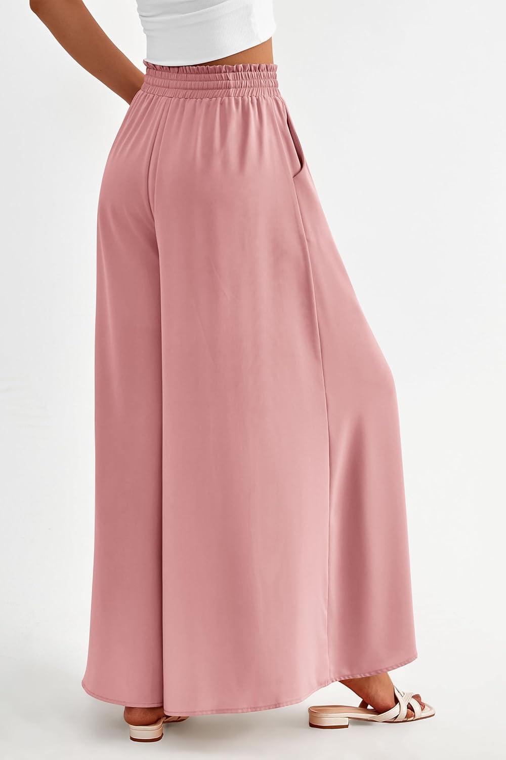 imagePRETTYGARDEN Womens 2026 Summer Wide Leg Palazzo Pants High Waisted Flowy Pockets Trendy Casual Lounge Boho Beach TrousersPink
