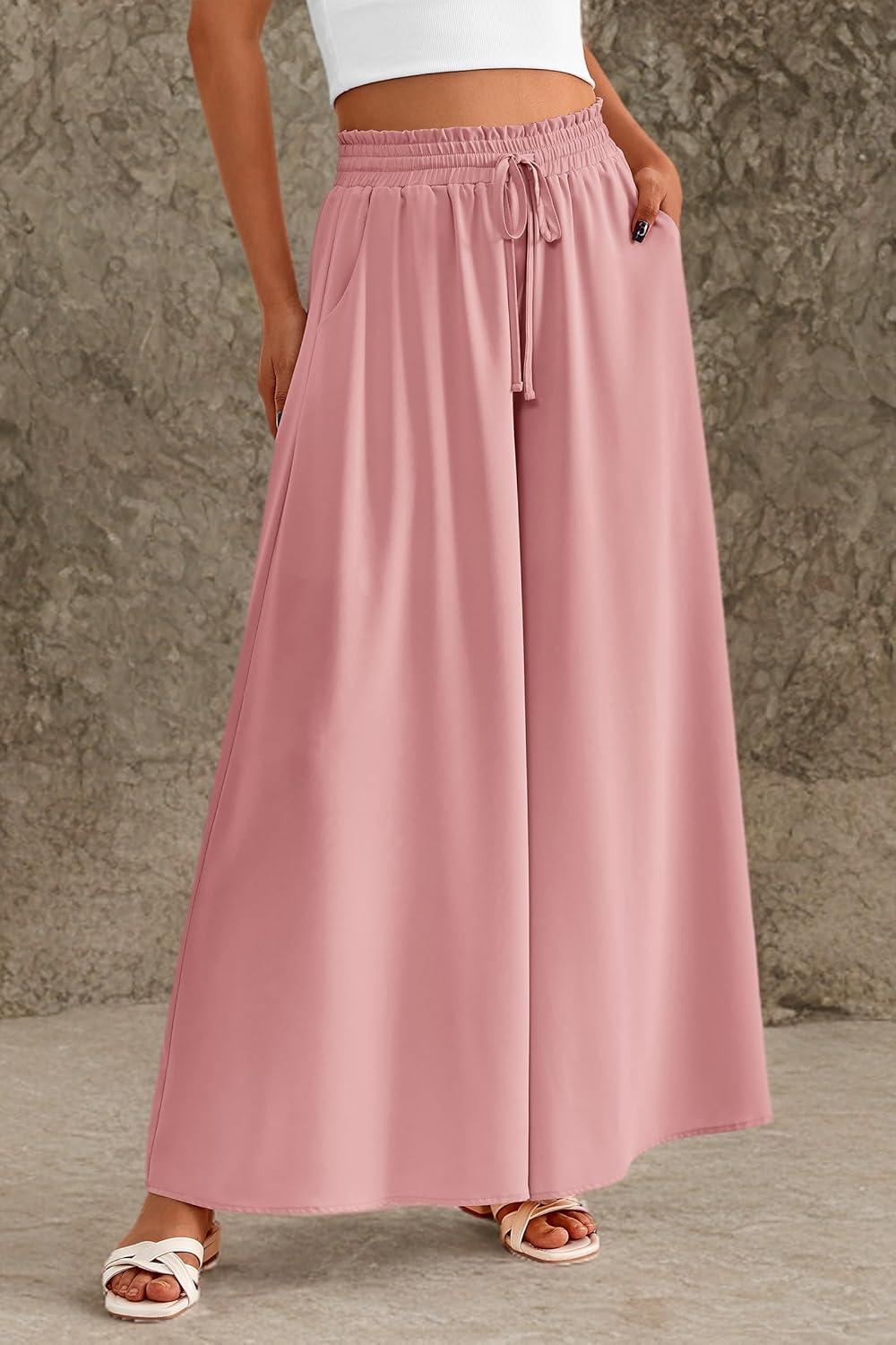 imagePRETTYGARDEN Womens 2026 Summer Wide Leg Palazzo Pants High Waisted Flowy Pockets Trendy Casual Lounge Boho Beach TrousersPink