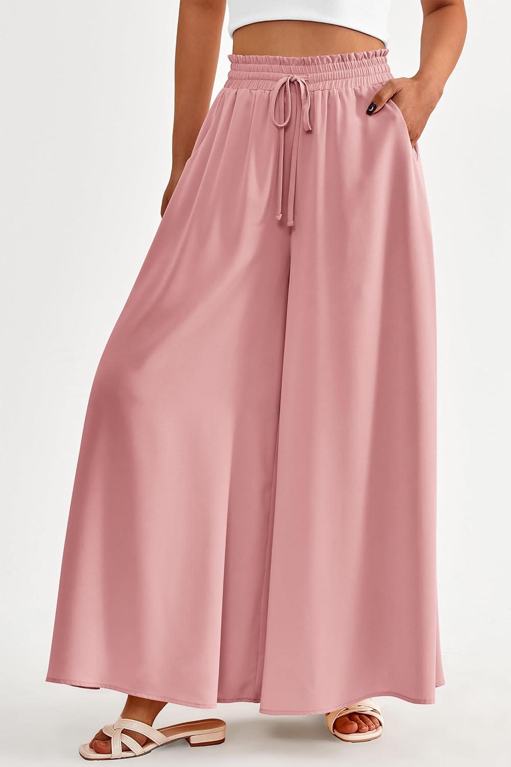 imagePRETTYGARDEN Womens 2026 Summer Wide Leg Palazzo Pants High Waisted Flowy Pockets Trendy Casual Lounge Boho Beach TrousersPink