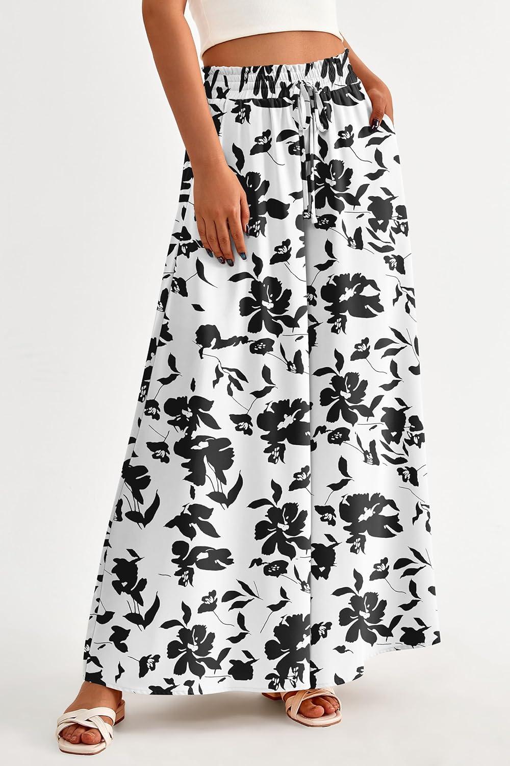 imagePRETTYGARDEN Womens 2026 Summer Wide Leg Palazzo Pants High Waisted Flowy Pockets Trendy Casual Lounge Boho Beach TrousersPrint Black