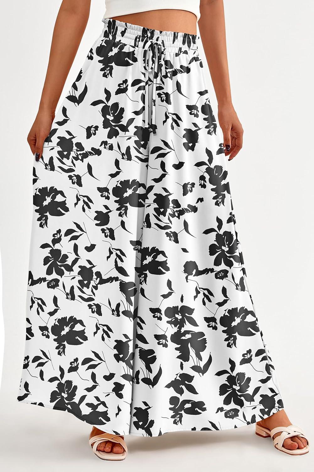 imagePRETTYGARDEN Womens 2026 Summer Wide Leg Palazzo Pants High Waisted Flowy Pockets Trendy Casual Lounge Boho Beach TrousersPrint Black