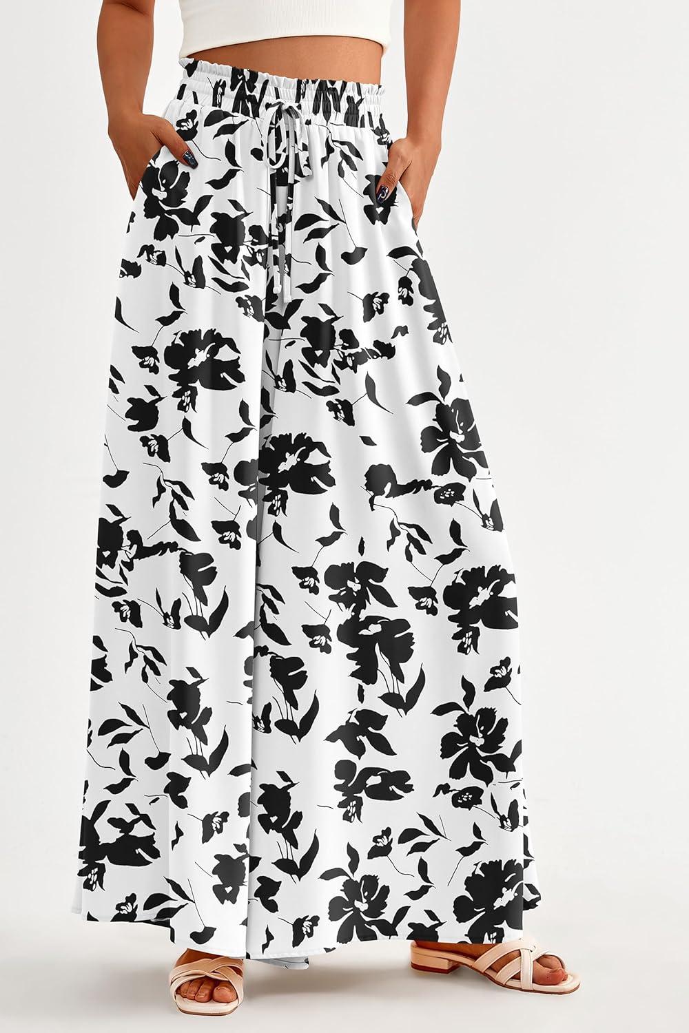 imagePRETTYGARDEN Womens 2026 Summer Wide Leg Palazzo Pants High Waisted Flowy Pockets Trendy Casual Lounge Boho Beach TrousersPrint Black