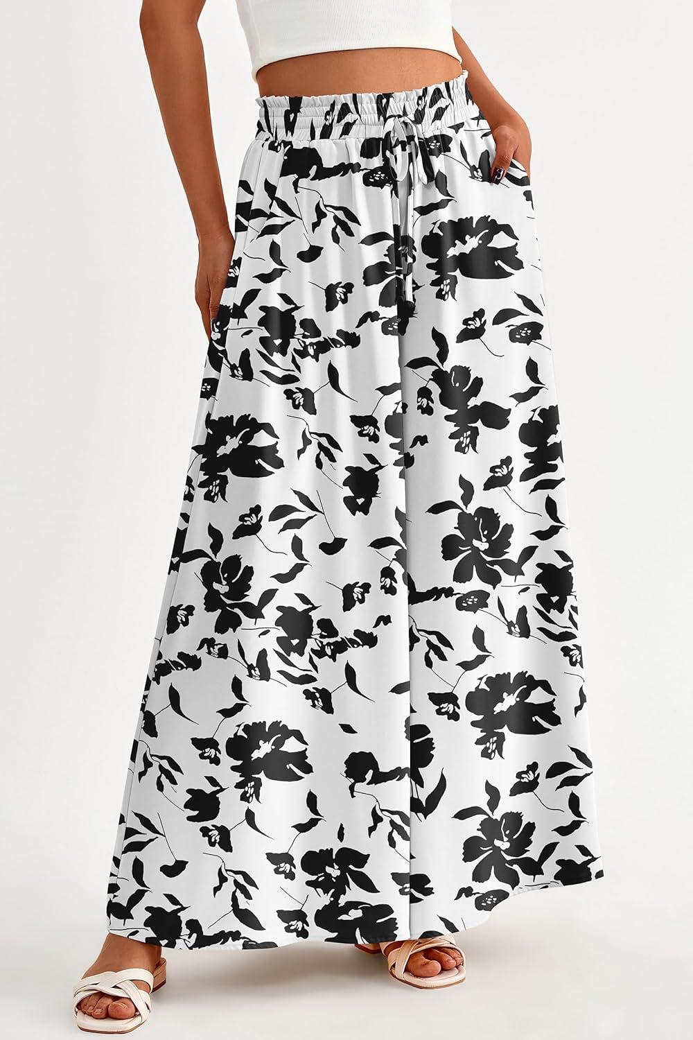 imagePRETTYGARDEN Womens 2026 Summer Wide Leg Palazzo Pants High Waisted Flowy Pockets Trendy Casual Lounge Boho Beach TrousersPrint Black