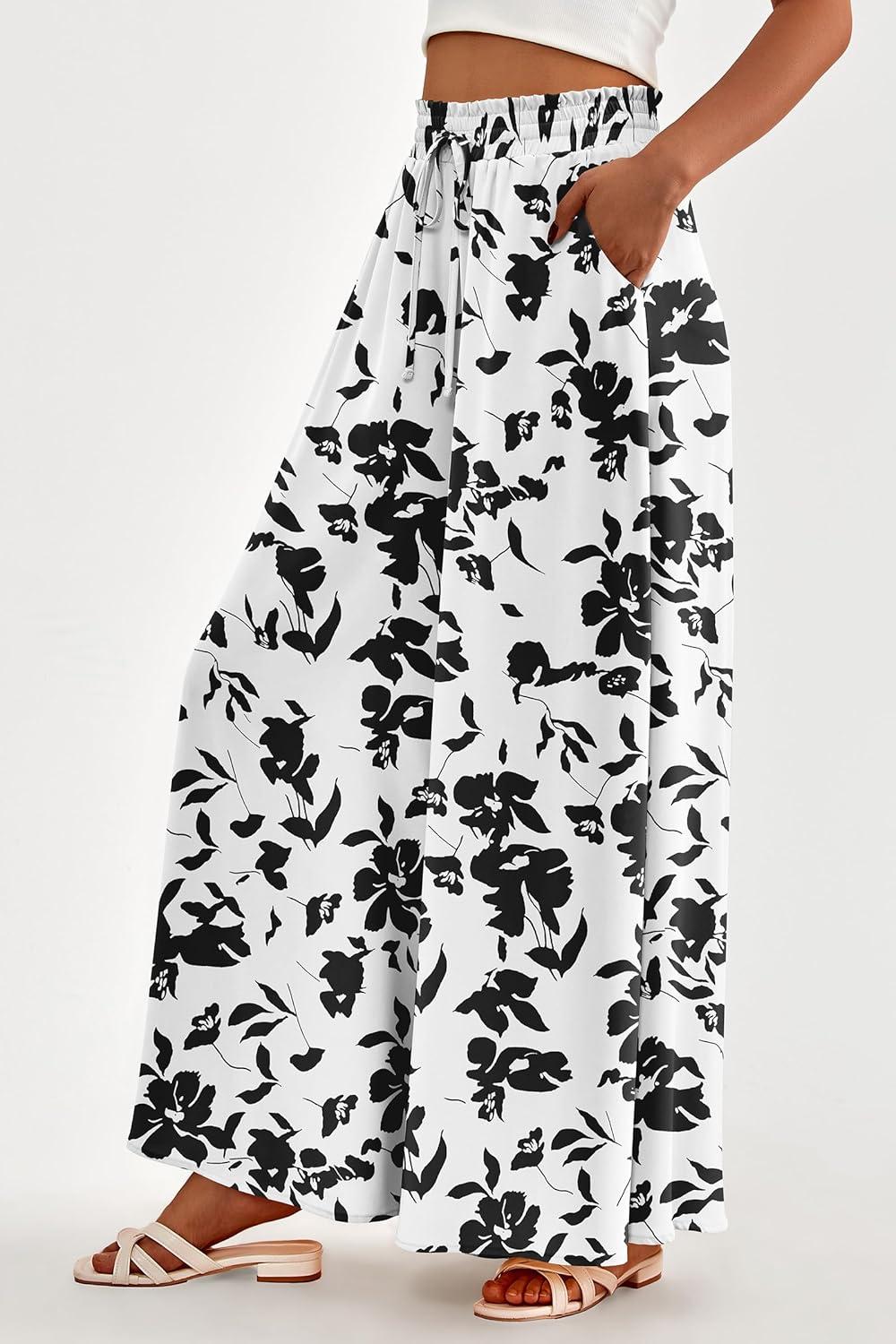 imagePRETTYGARDEN Womens 2026 Summer Wide Leg Palazzo Pants High Waisted Flowy Pockets Trendy Casual Lounge Boho Beach TrousersPrint Black