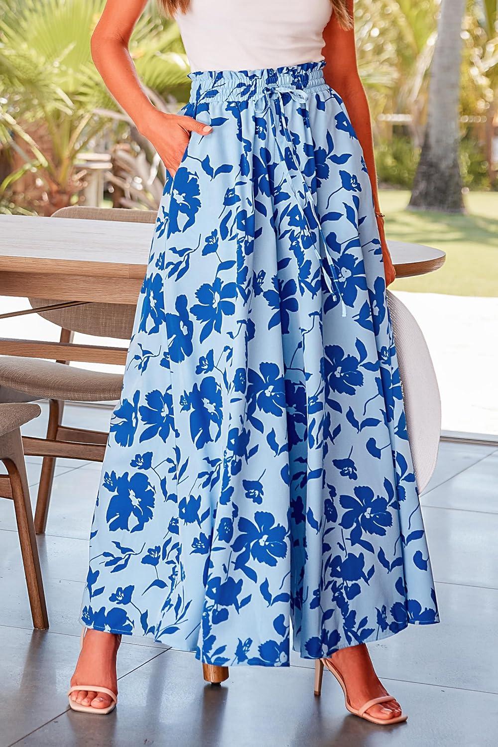 imagePRETTYGARDEN Womens 2026 Summer Wide Leg Palazzo Pants High Waisted Flowy Pockets Trendy Casual Lounge Boho Beach TrousersPrint Blue
